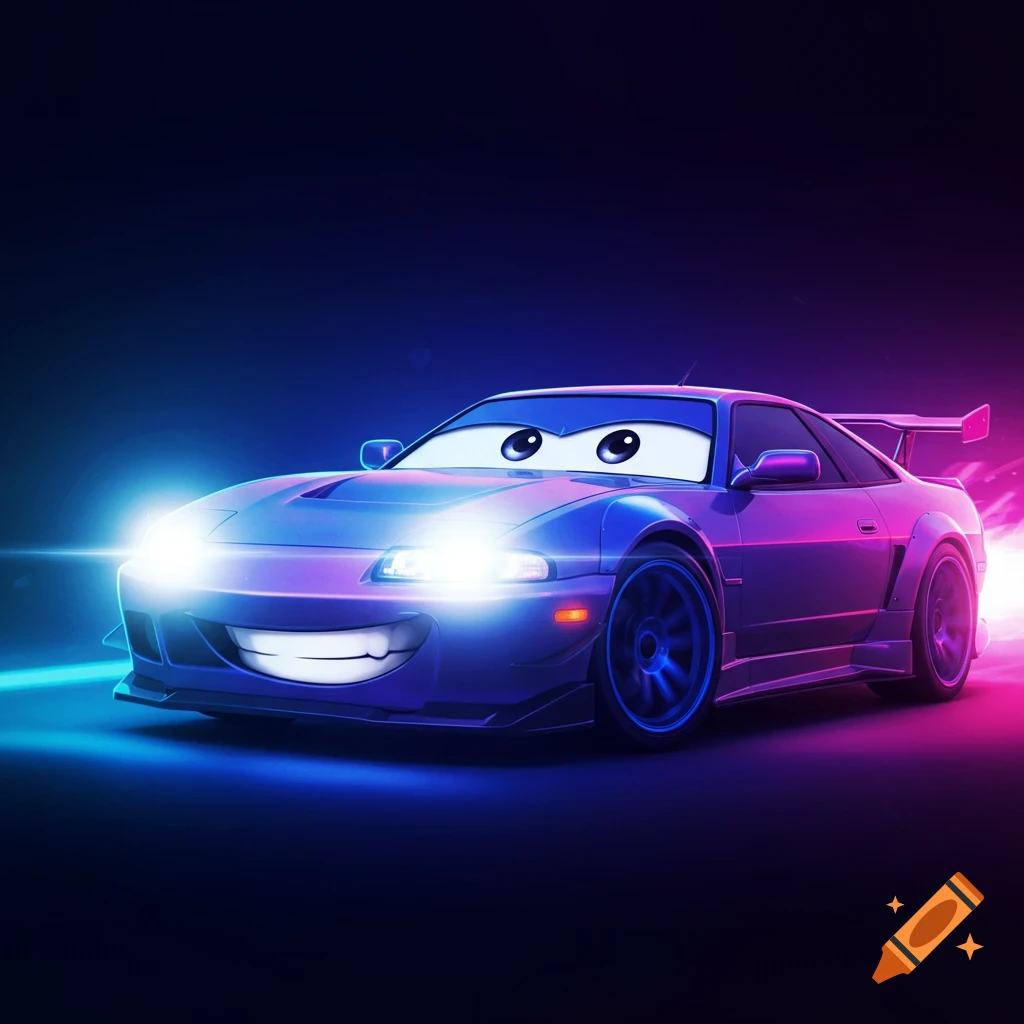 A purple cartoon sports car with big eyes and a smile, lit by blue and pink neon lights.