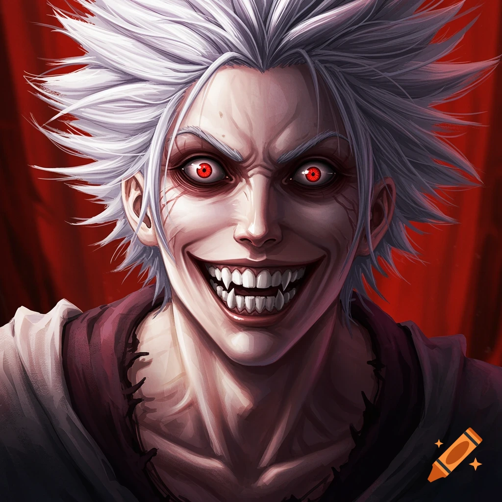 Close-up of a character with white spiky hair, red eyes, and sharp teeth in a manic grin.