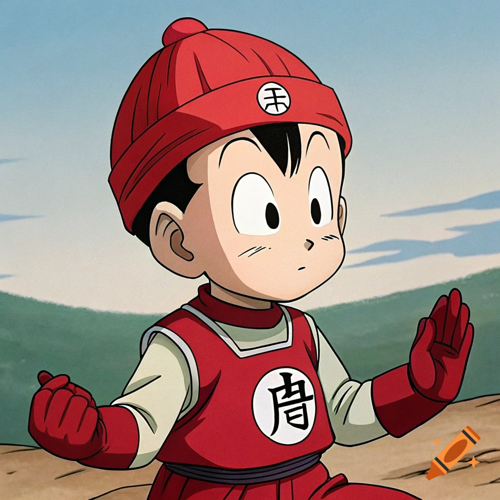 Anime character Chiaotzu in red uniform with symbols, hands up, against landscape.