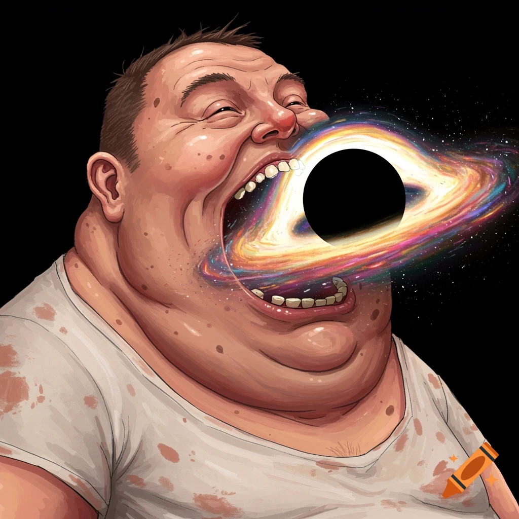 Surreal image of an obese man consuming a swirling black hole with vibrant cosmic colors.
