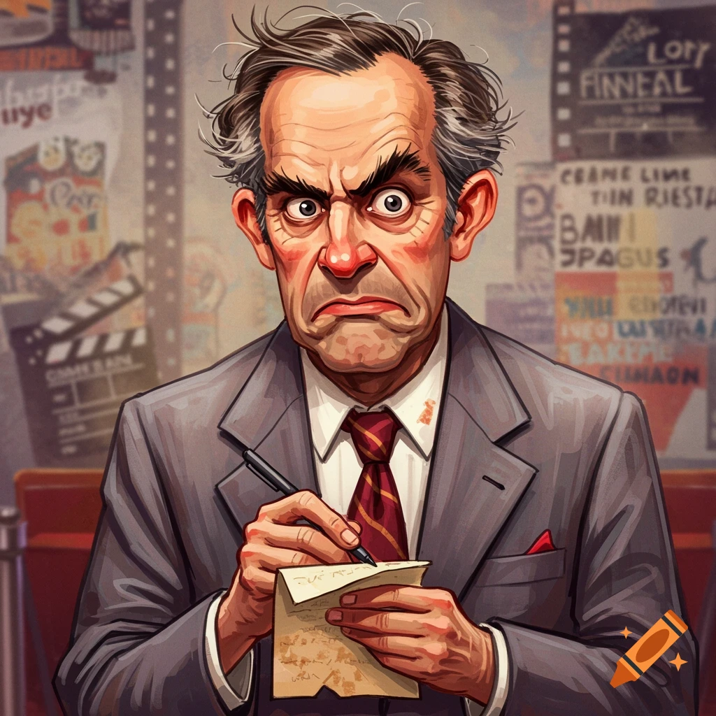 Annoyed film critic in a suit writing on a notepad with film posters in the background.