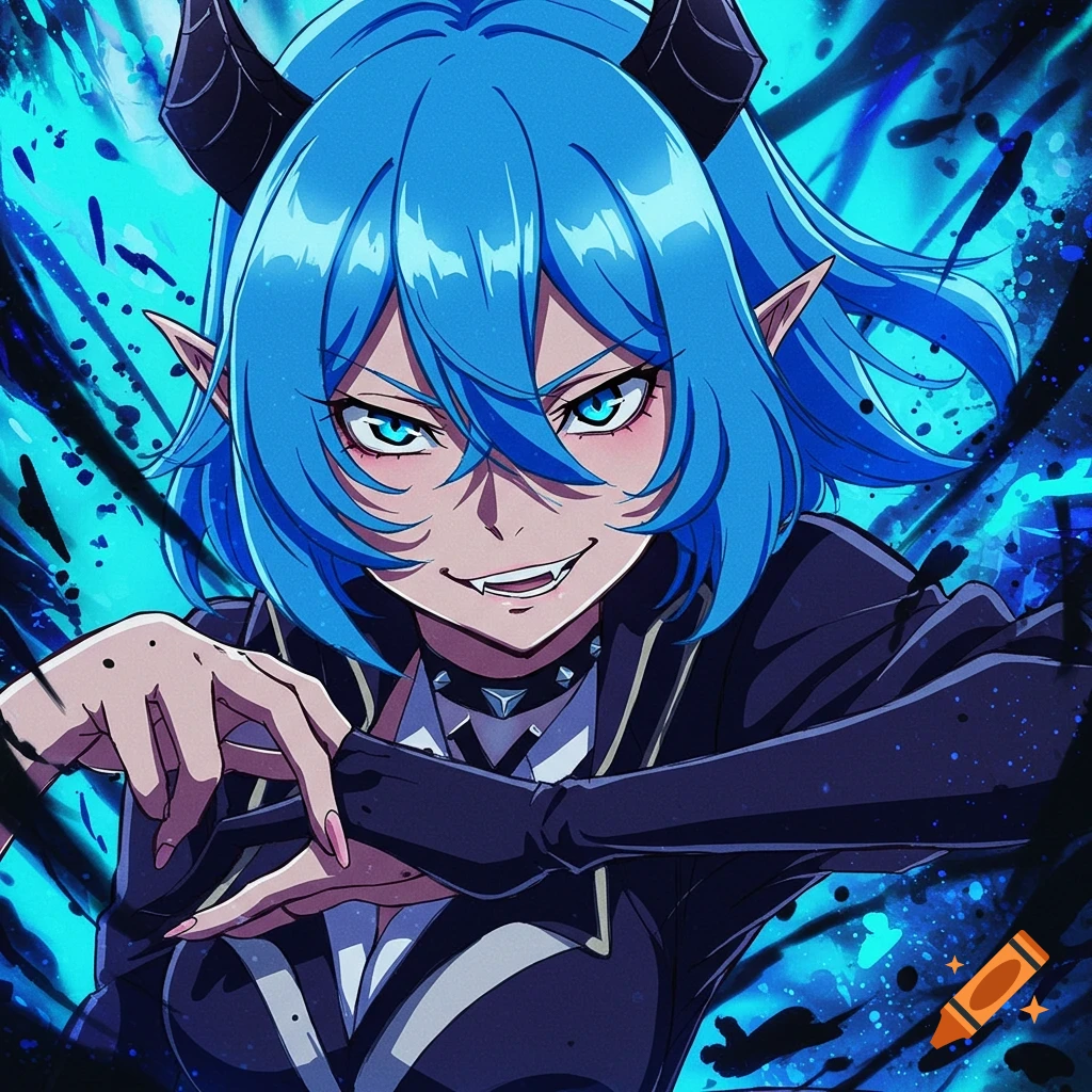 Anime portrait of a blue-haired demon girl with horns and fangs, wearing a black jacket, posing against a splattered background.