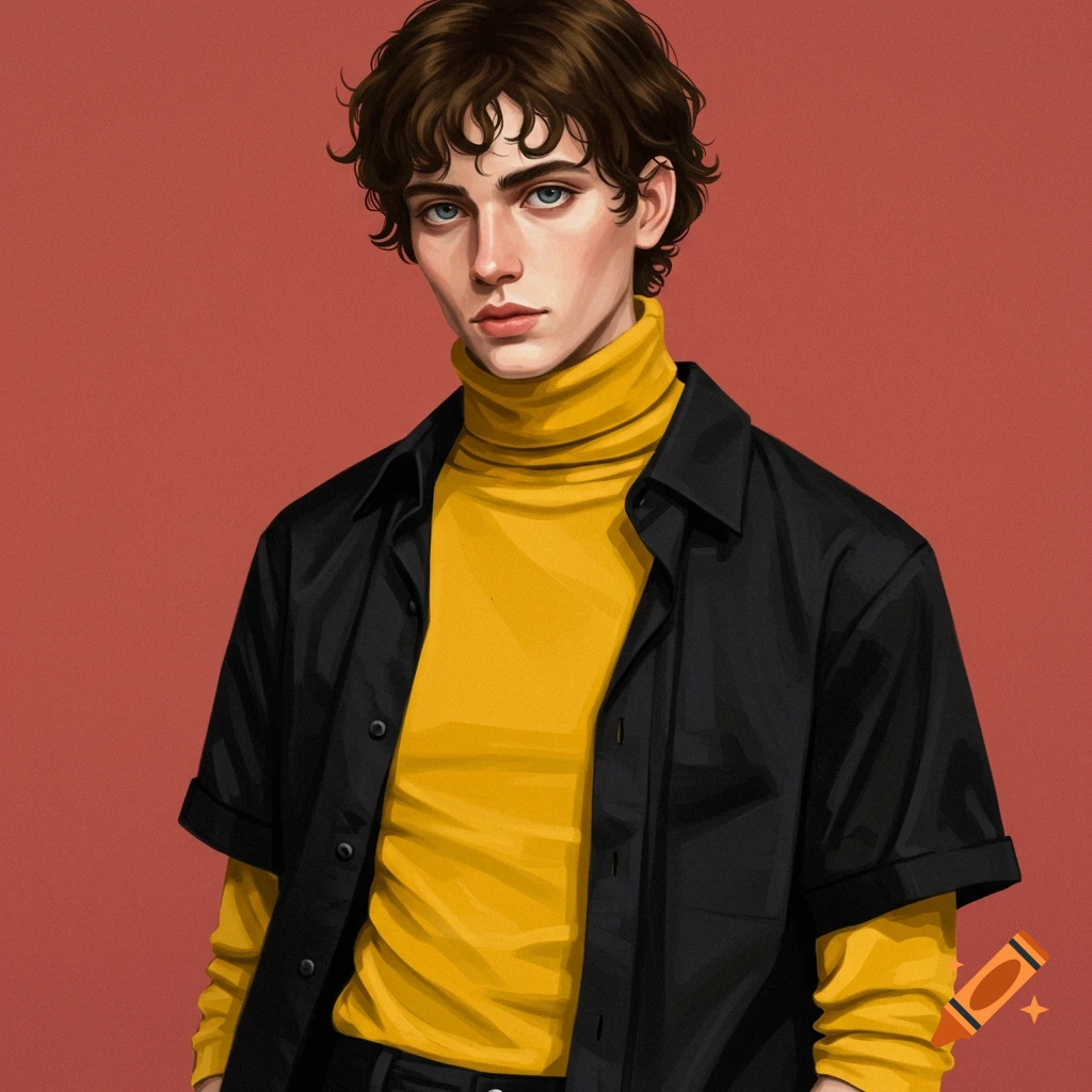 A young man wears a yellow turtleneck and a black short-sleeve shirt.