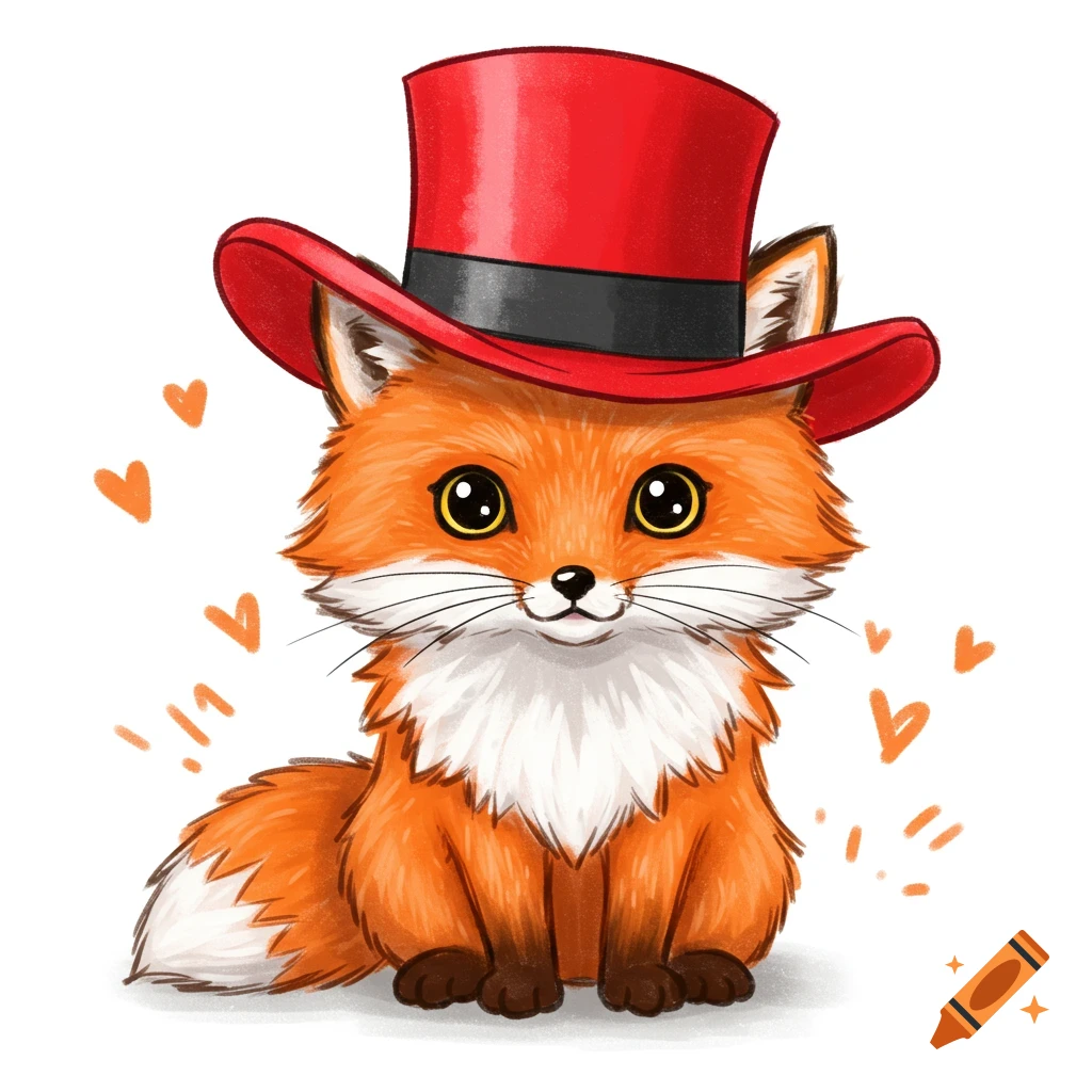 Cute cartoon fox wearing a red top hat.