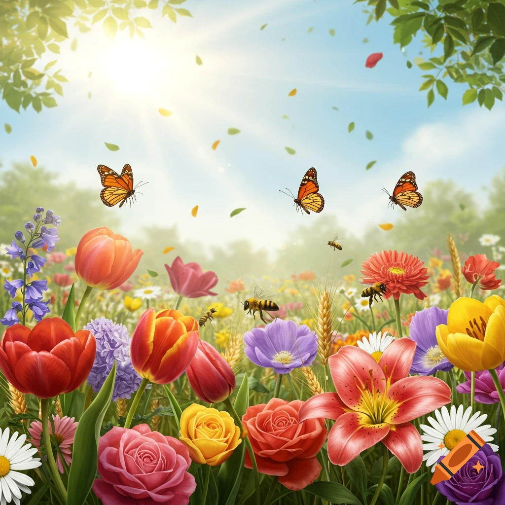 A sunny flower meadow with butterflies and bees.