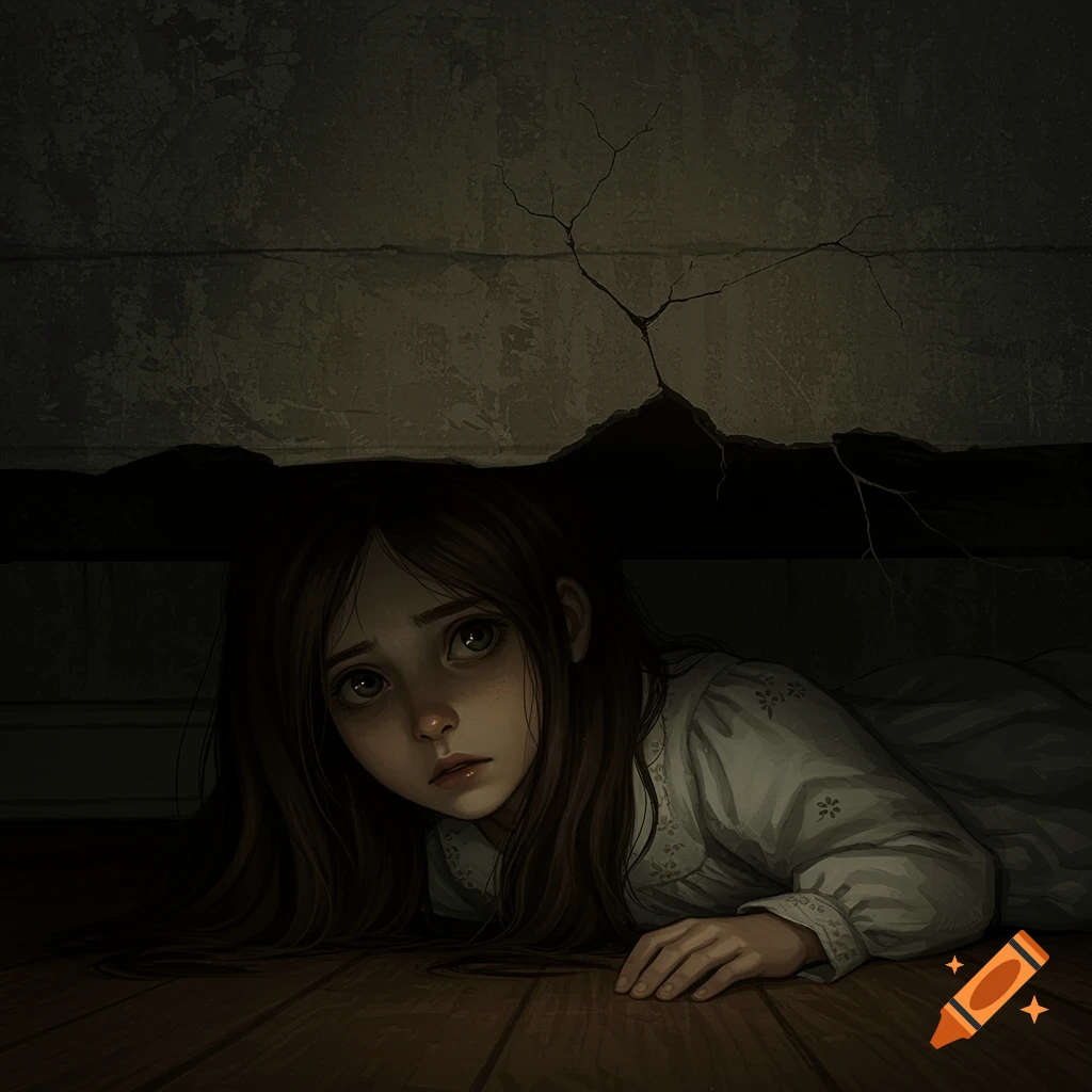 A scared young girl is hiding under a dark surface, looking up at a cracked wall.