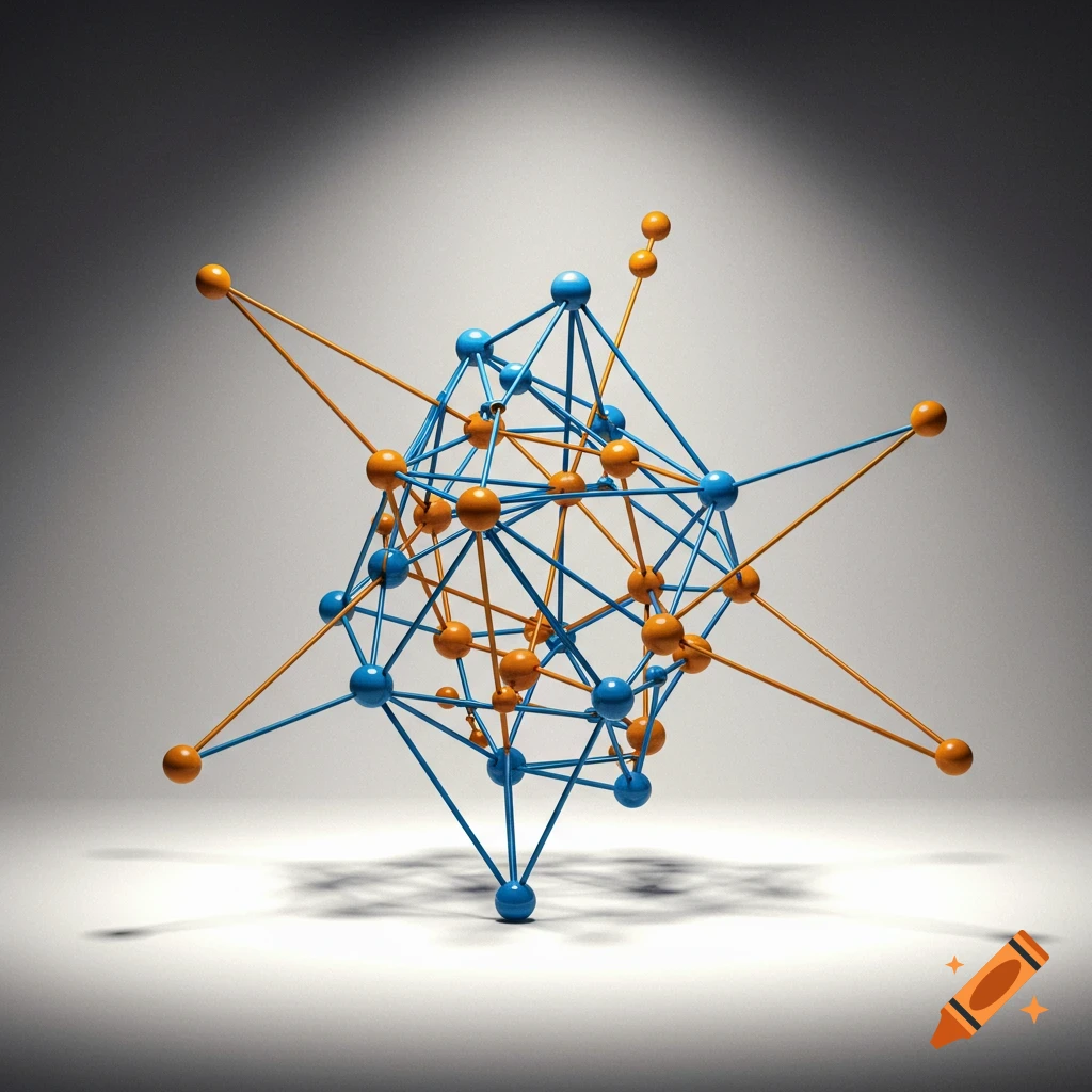 A tensegrity sculpture made of blue and orange spheres connected by rods.