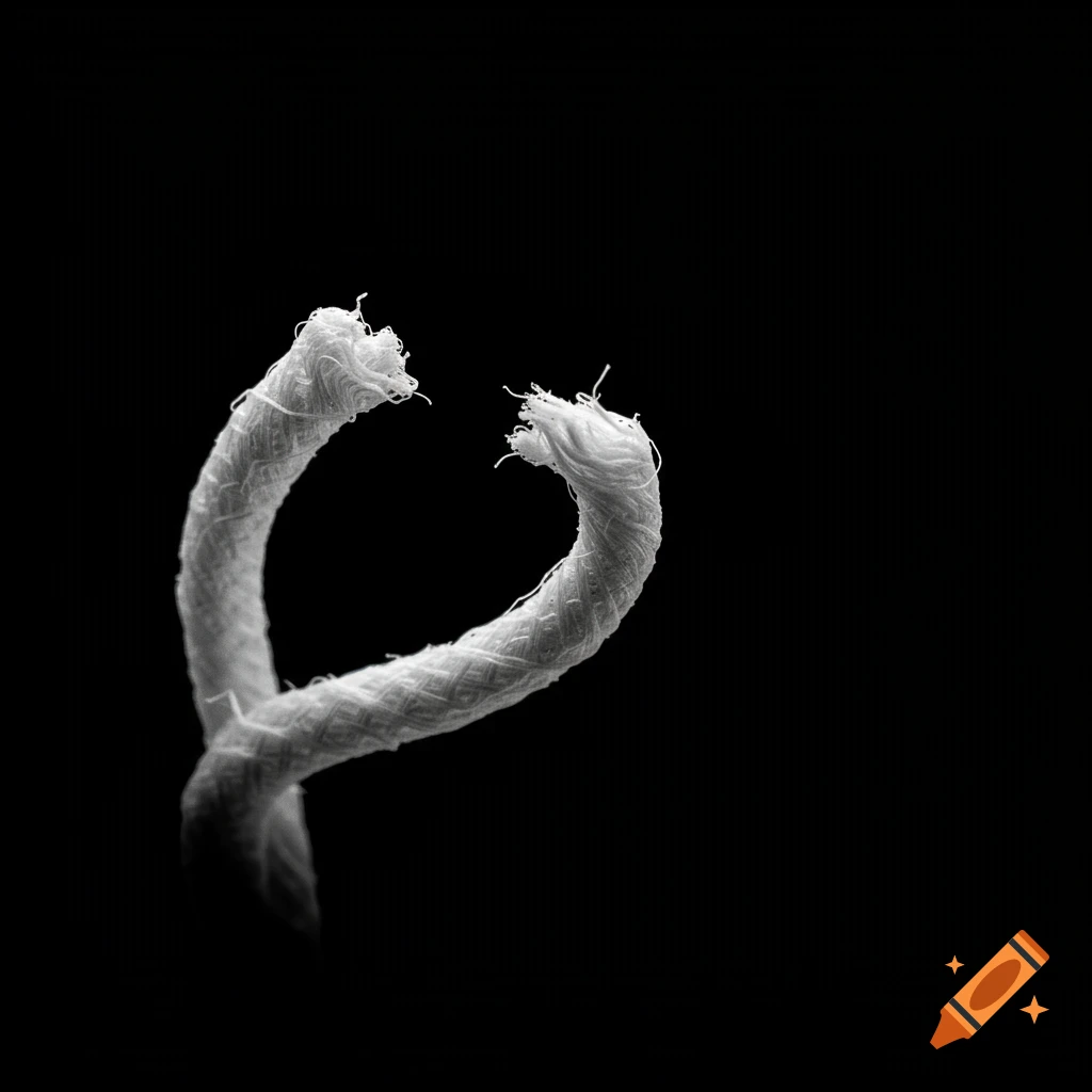Close-up black and white photo of frayed white rope ends forming a curve against a black background.
