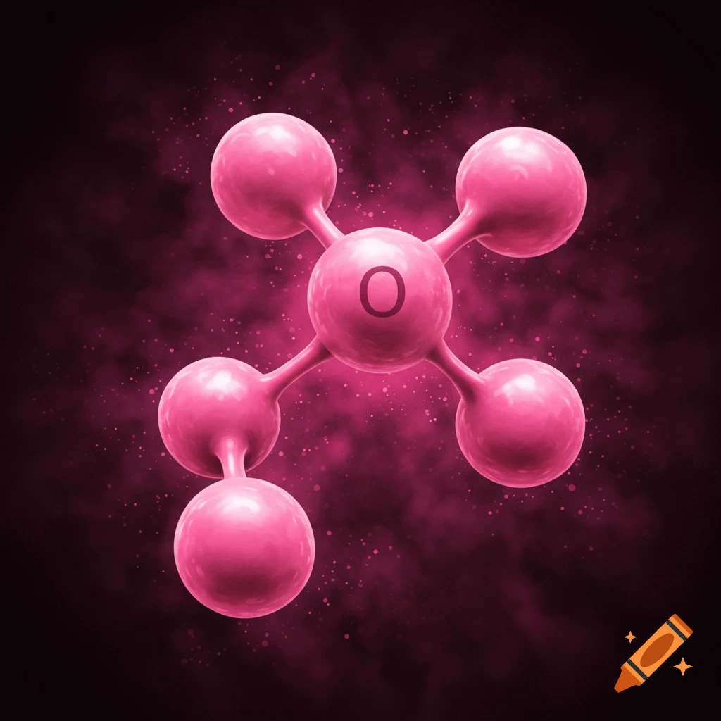 A pink molecule with an 'O' inside the central atom.