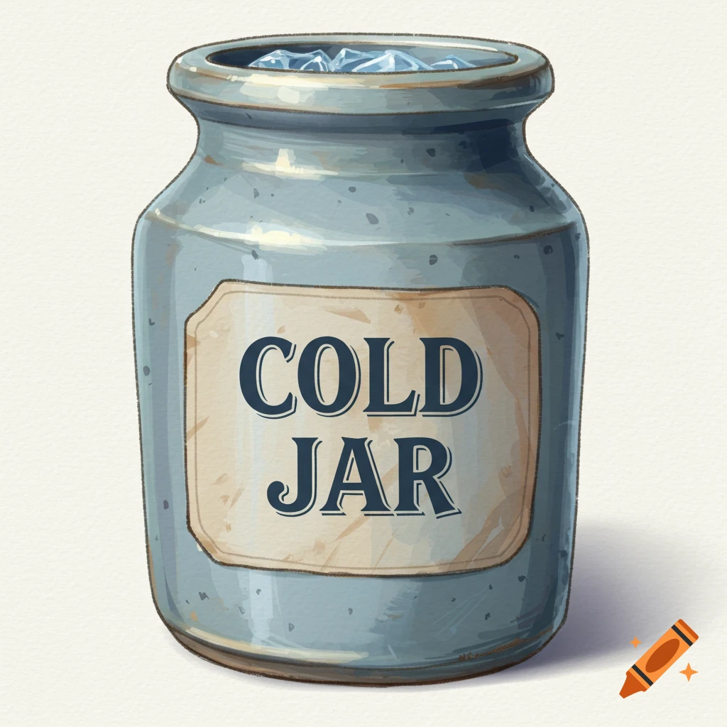 Blue jar with a 'Cold Jar' label, filled with ice.