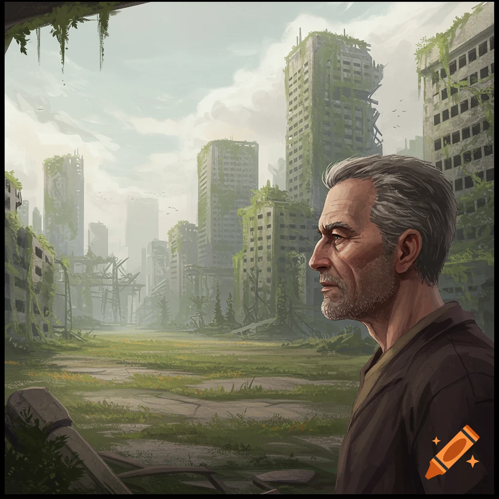 A man looking at a ruined city covered in vegetation.