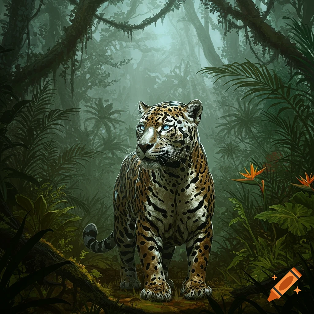 A spotted jaguar with blue eyes in a misty jungle.