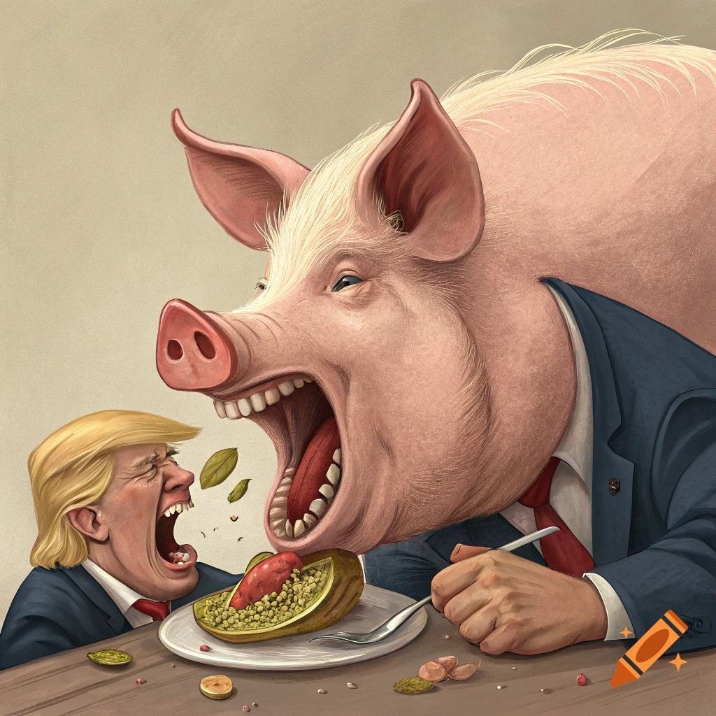 Political satire illustration of a large pig in a suit eating a small Donald Trump caricature at a table.