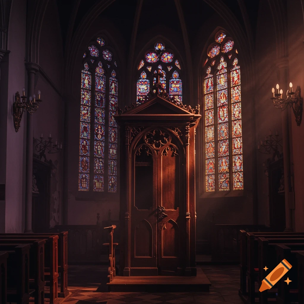 A wooden confession booth inside a church with dramatic light filtering through colorful stained glass windows.
