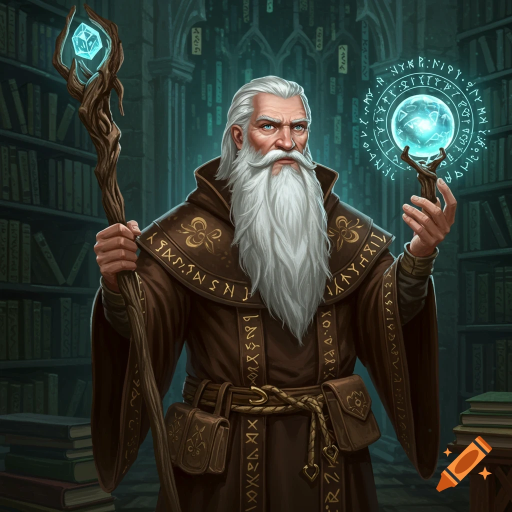 An old wizard in a library, holding a staff with a crystal and a glowing magical sphere.