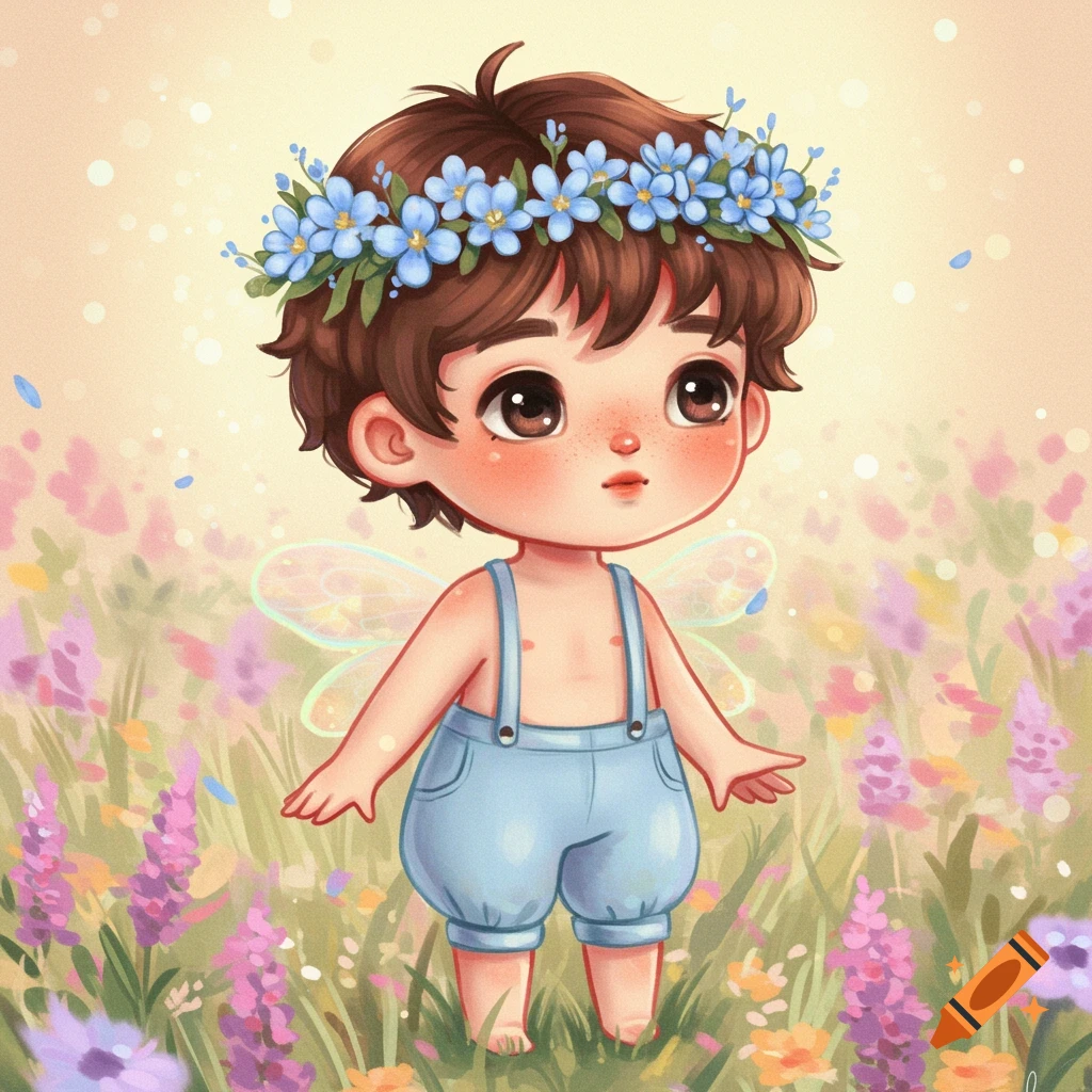 Image of a cute child with flower crown and wings in a meadow.