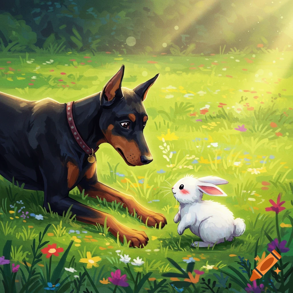 A Doberman dog looks at a white bunny in a sunny field with flowers.