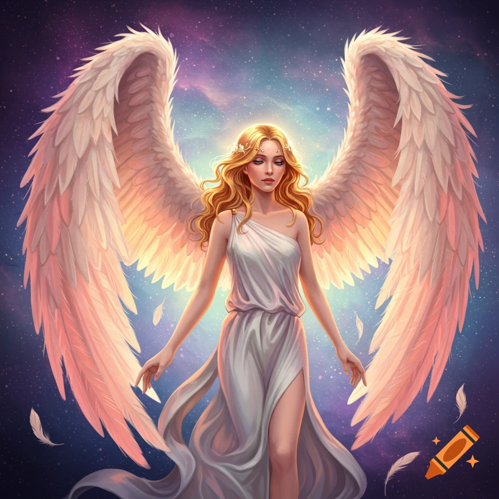 An angel with large white feathered wings against a cosmic starry sky.