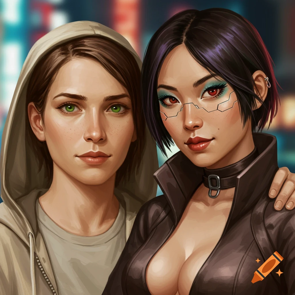 Two women, one in a casual hoodie, the other in cyberpunk style.