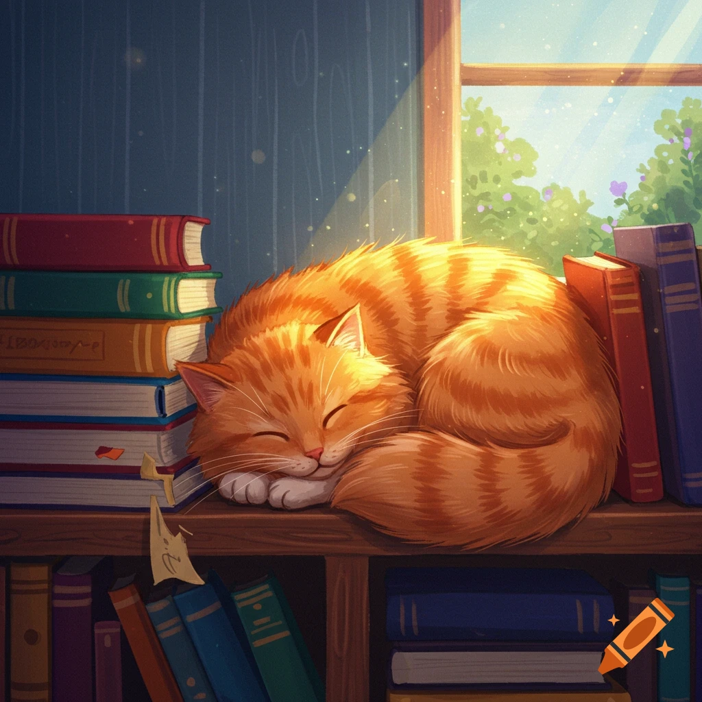 An orange tabby cat sleeping curled up on a bookshelf next to books.