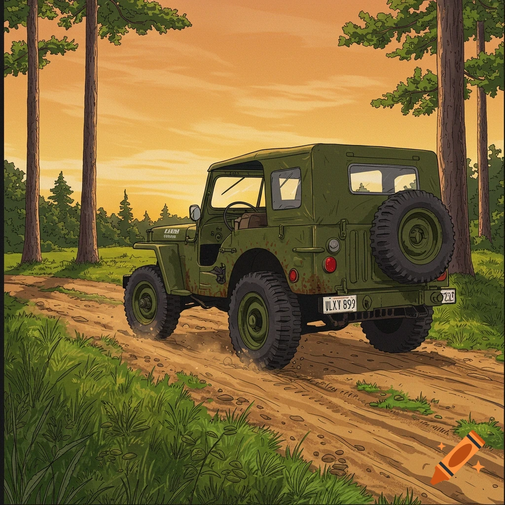 A green jeep drives on a dirt road through a forest at sunset.