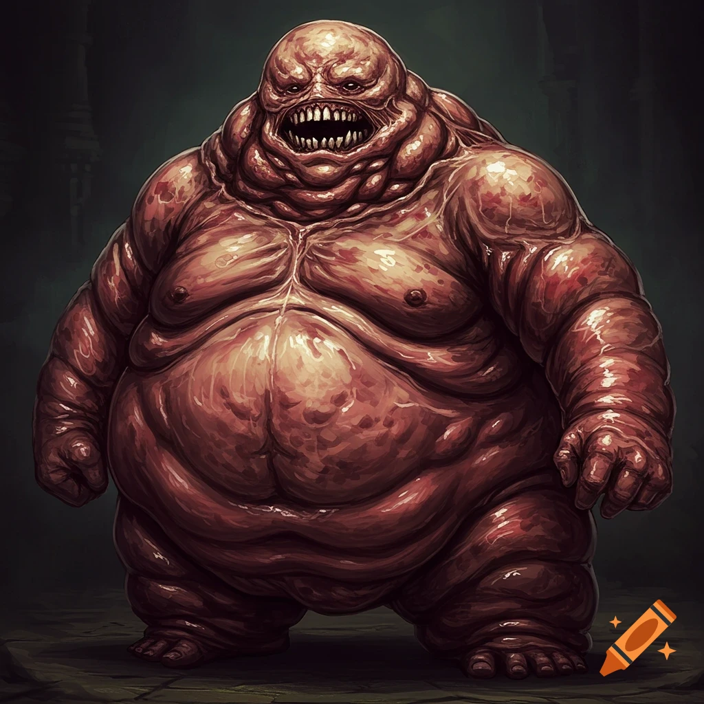 A large, grotesque monster with fleshy folds and sharp teeth.