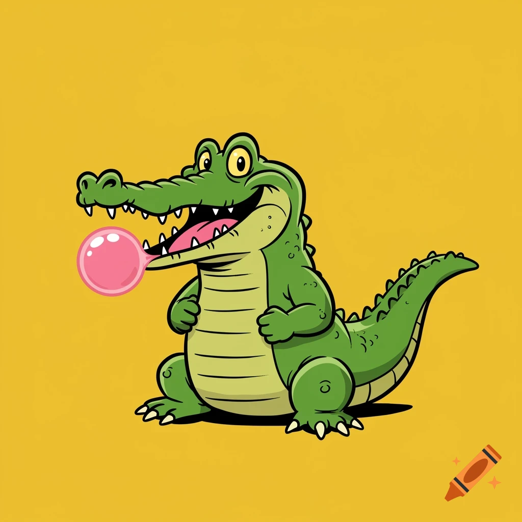 A cartoon alligator chewing a pink bubble gum against a yellow background.