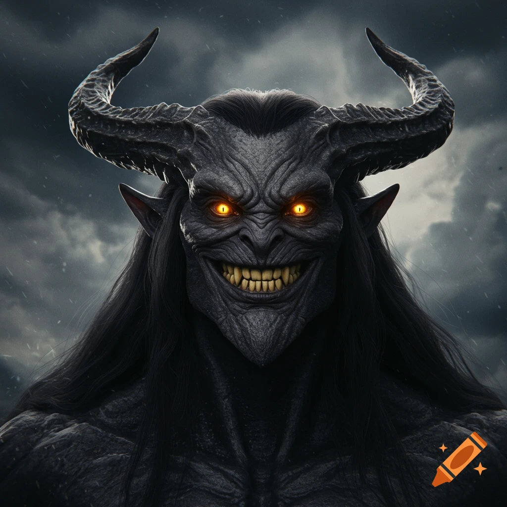 Close-up portrait of a dark fantasy creature with horns, gold eyes, and sharp teeth.