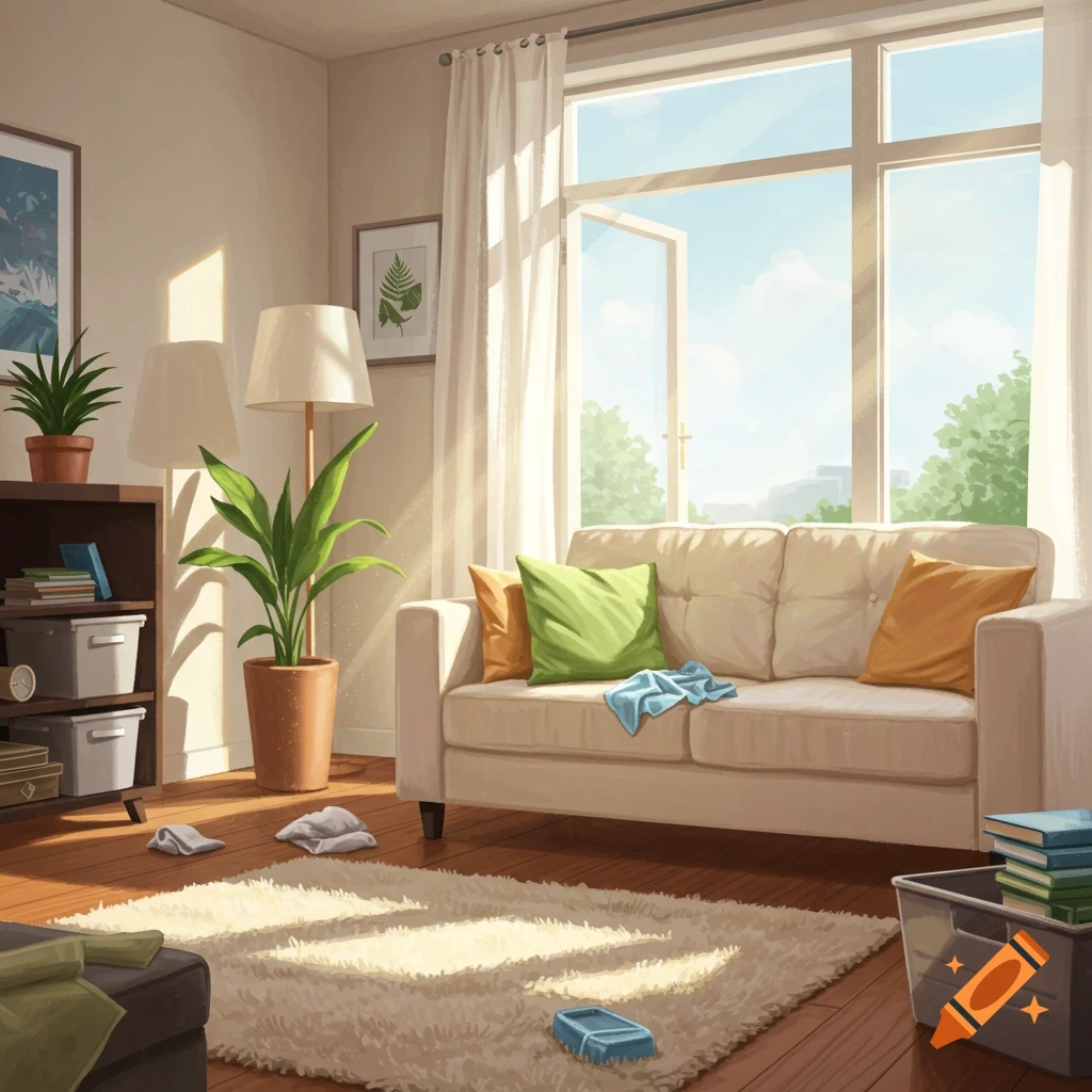 A sunlit living room interior with a couch, plants, and bookshelf.