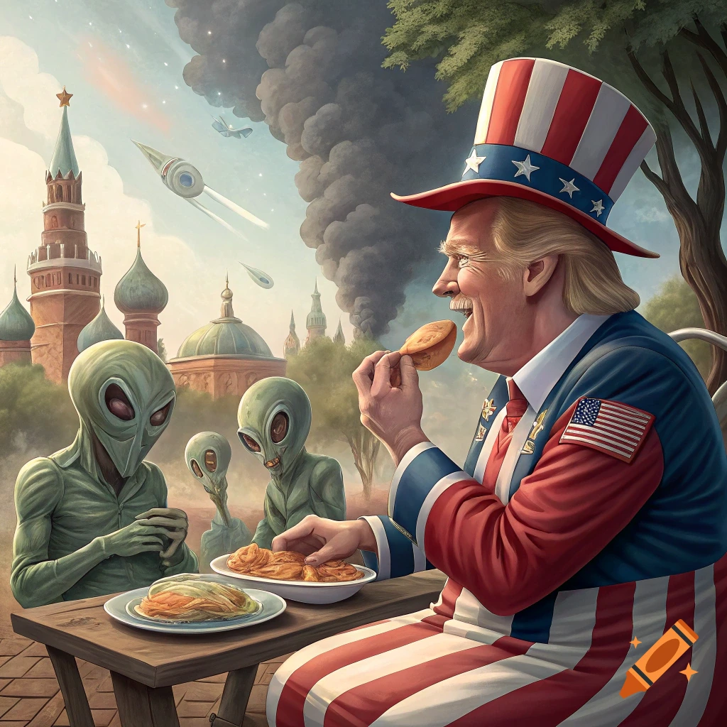 Cartoon figure like Trump in patriotic suit eating with grey aliens near buildings like the Kremlin, smoke & spaceships in background.