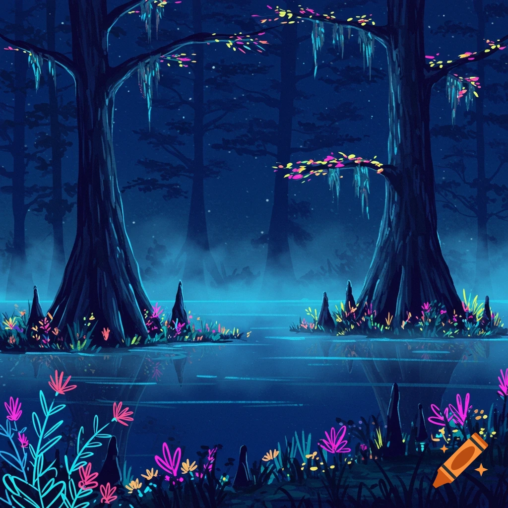 A dark swamp landscape with glowing plants and trees in a digital art style.