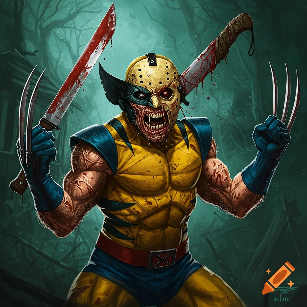 A figure of Wolverine fused with Jason Voorhees, holding bloody knives and claws, in a forest setting.