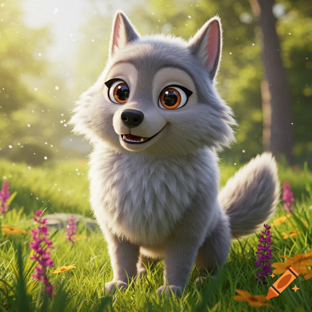 A cute cartoon wolf sits in a sunny forest meadow.