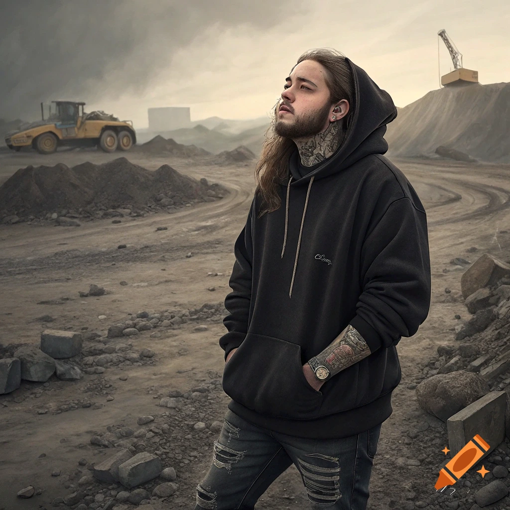 A man resembling Post Malone wearing a black hoodie and ripped jeans stands in a gravel pit with construction machinery.