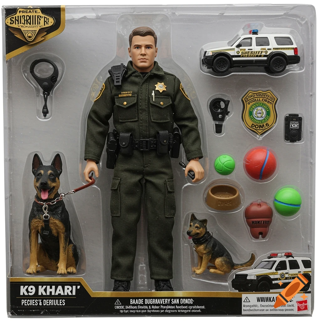 Photorealistic image of a sheriff deputy action figure and K9 dog in plastic packaging with toy car and accessories.