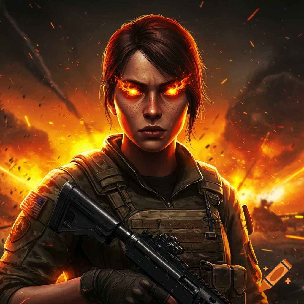 A female soldier with glowing eyes holds a rifle in a fiery combat zone.