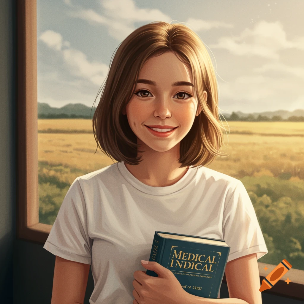 Portrait of a young smiling female student holding a book with a rural landscape background.