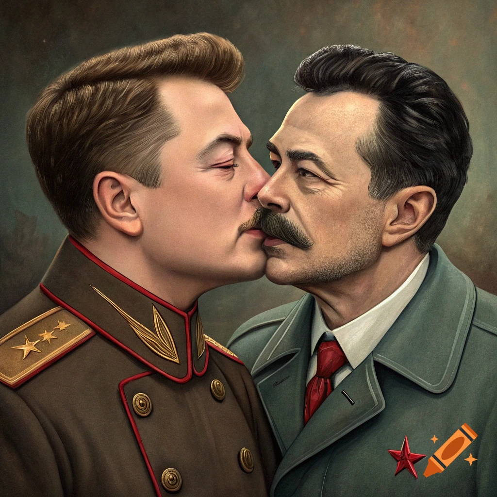 Stylized painting of two figures resembling Elon Musk and Joseph Stalin kissing.