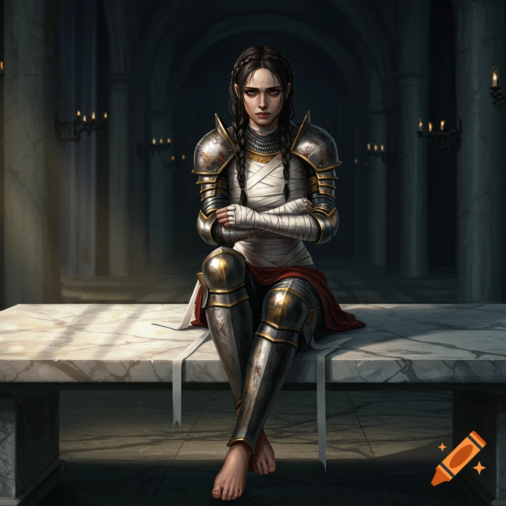 A female knight in wrappings and armor sits on a marble bench.