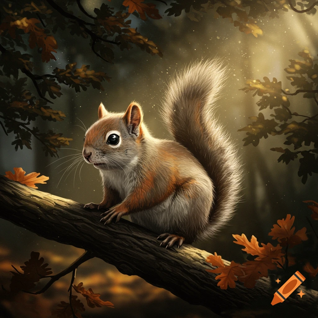 A squirrel perches on a branch in a forest, surrounded by autumn leaves.