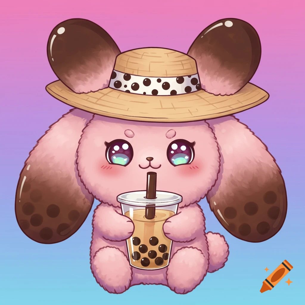 A cute pink bunny wearing a straw hat holds a boba tea. Cartoon style.