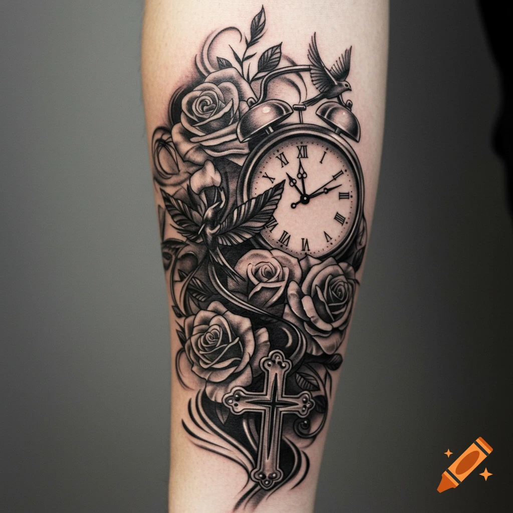 Black and white tattoo design featuring a clock, roses, birds, and a cross on an arm.
