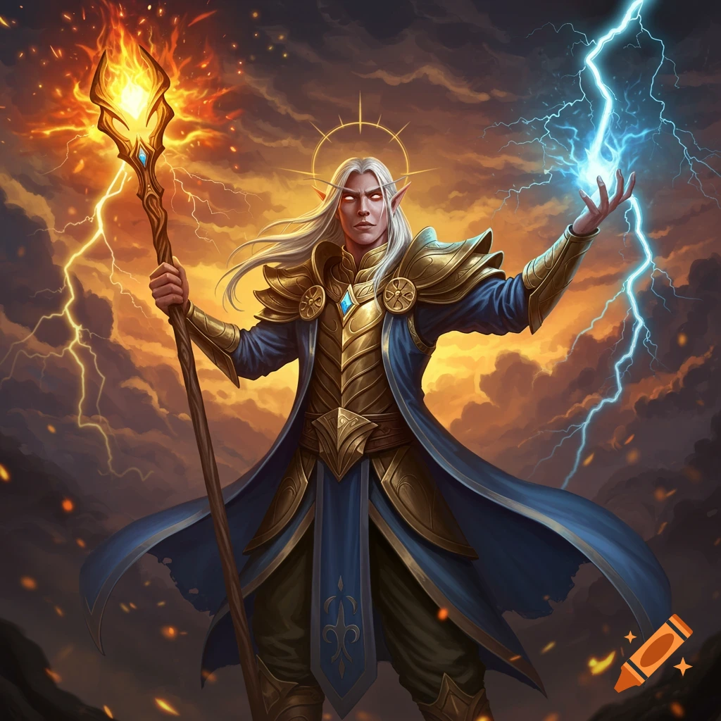Fantasy elf character with staff and lightning, dramatic sky background.