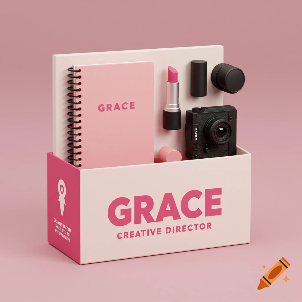 A box containing a pink notebook, lipstick, and camera, labeled GRACE CREATIVE DIRECTOR, in a stylized product photo.