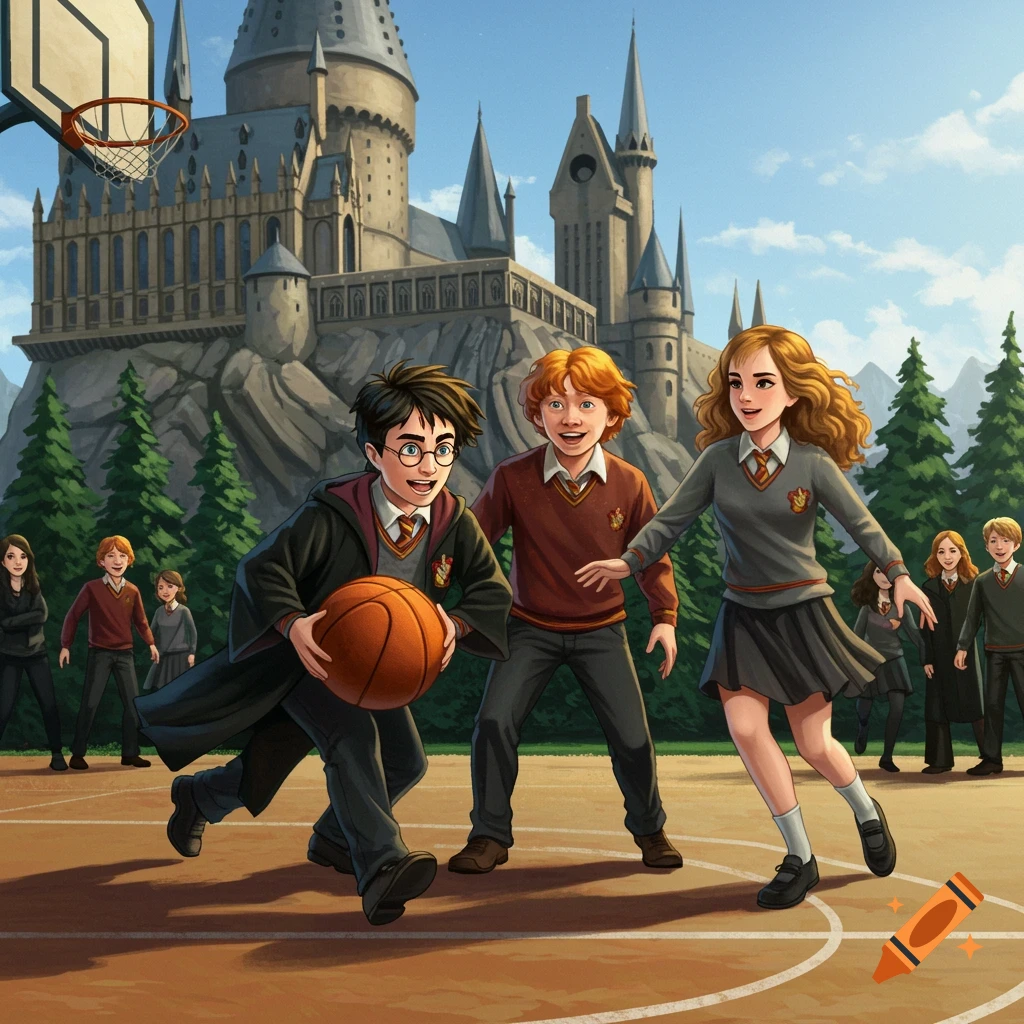 Harry Potter, Ron, and Hermione play basketball outside Hogwarts castle.