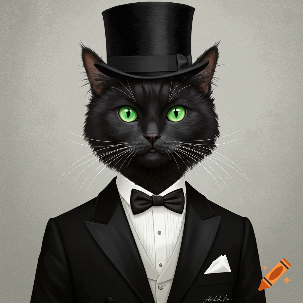 A black cat wearing a tuxedo and top hat.