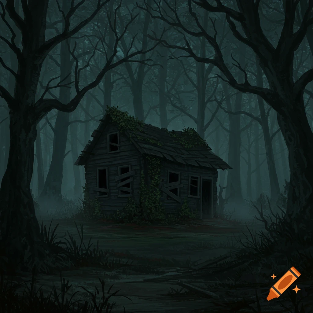 A rundown shack in a dark, spooky forest at night.