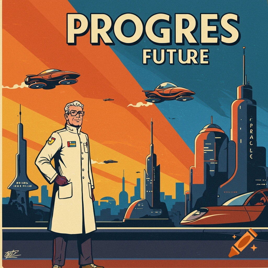 Retro-style poster of a man in a lab coat standing in a futuristic city with flying cars and tall buildings. Text says "PROGRES FUTURE".
