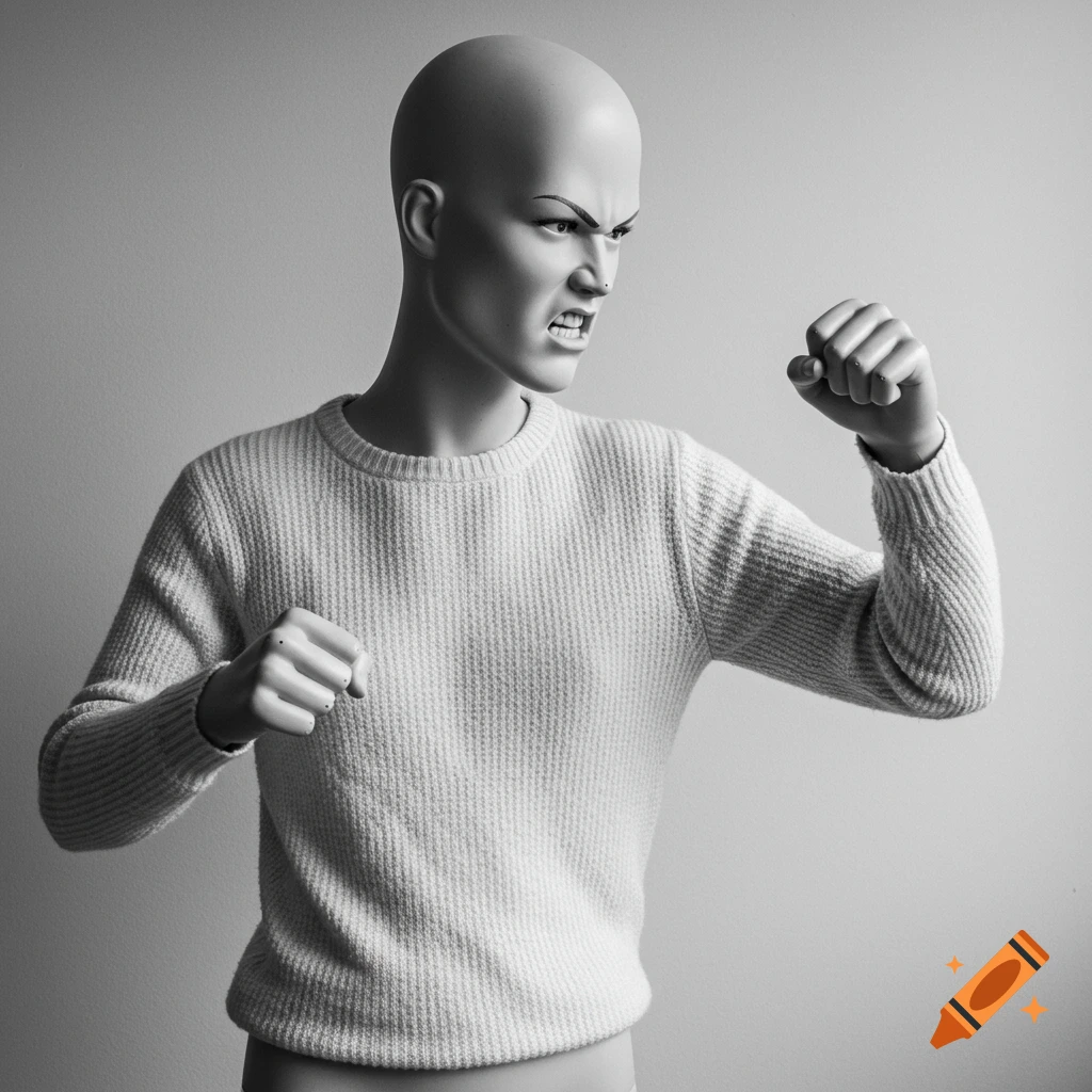 A black and white photo of a mannequin in a white sweater striking a fighting pose.