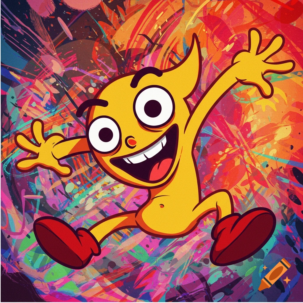 A yellow cartoon character with big eyes and red shoes jumps against a colorful abstract background.